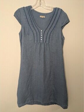 Lina Tomei Made in Italy Blue Linen Pintuck Beaded Cap Sleeve Tunic Dress Small